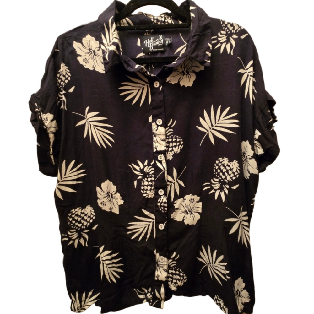 Hell Bunny Tropical Pineapple Print Button-Up Shirt | Navy